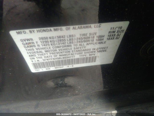 Honda Pilot Ex-l 2020 5FNYF6H58LB034777 Image 9