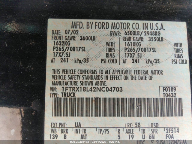 2002 FORD F-150 XL/XLT/LARIAT/KING RANCH VIN: 1FTRX18L42NC04703