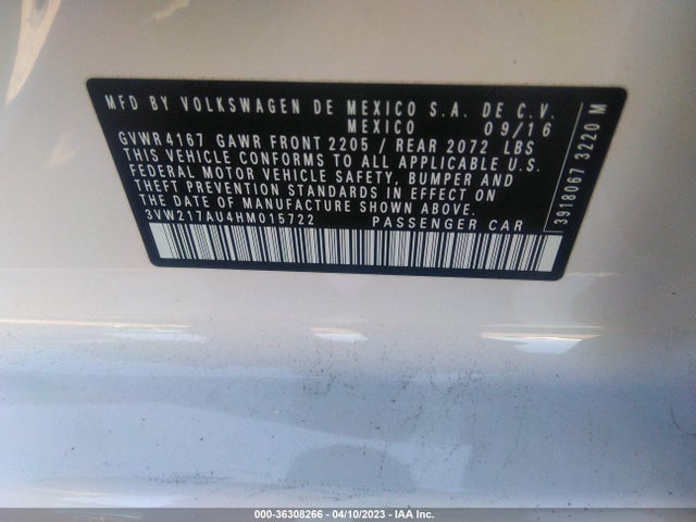 3VW217AU4HM015722 Volkswagen GOLF S