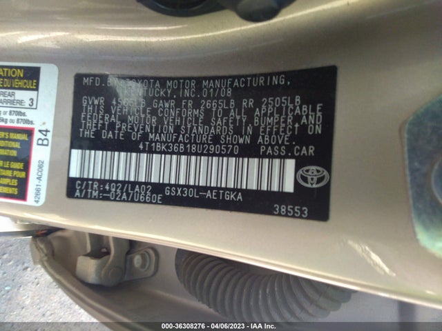 2008 TOYOTA AVALON XL/TOURING/XLS/LIMITED VIN: 4T1BK36B18U290570