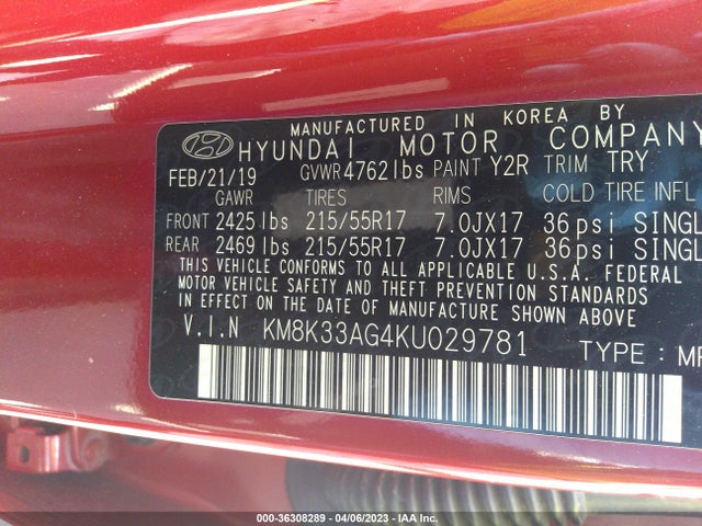 2019 Hyundai Kona, VIN: KM8K33AG4KU029781