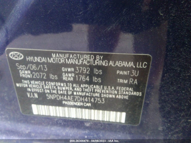 2013 HYUNDAI ELANTRA LIMITED PZEV VIN: 5NPDH4AE7DH414753