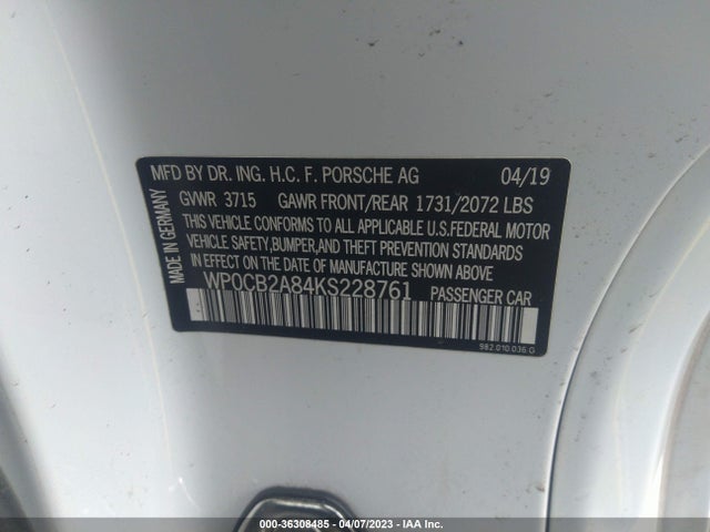 2019 Porsche 718, VIN: WP0CB2A84KS228761