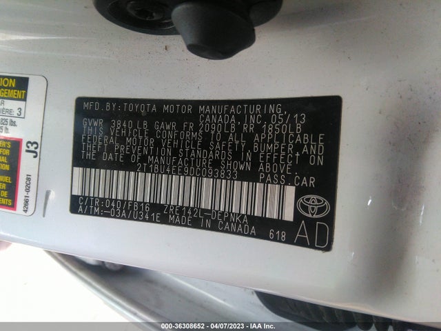 2013 TOYOTA COROLLA L/LE/S VIN: 2T1BU4EE9DC093833