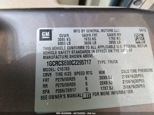 2012 CHEVROLET SILVERADO 1500 LT VIN: 1GCRCSE00CZ295717