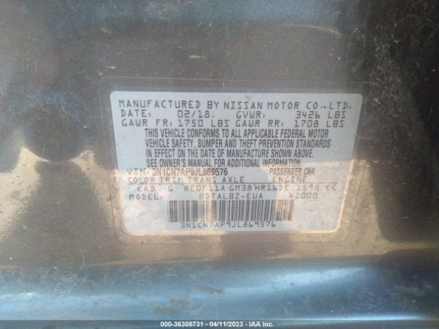 3N1CN7AP9JL869576 Nissan Versa Sedan Sv