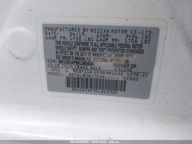 3N1CN7AP9KL865934 Nissan Versa Sedan Sv