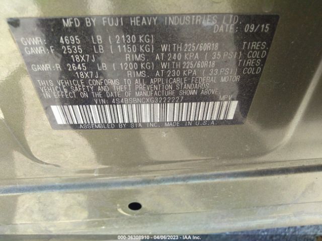 4S4BSBNCXG3222227 Subaru Outback 2.5i Limited