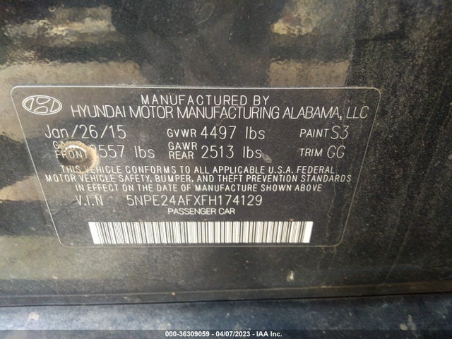 2015 HYUNDAI SONATA 2.4L SE VIN: 5NPE24AFXFH174129