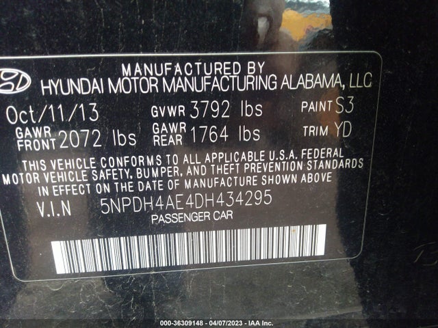 2013 HYUNDAI ELANTRA GLS VIN: 5NPDH4AE4DH434295
