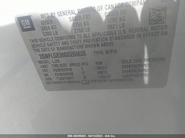 Aukcja sprzedaży 2016 Chevrolet Equinox Ltz, vin: 2GNFLGE38G6265626, numer aukcji: 36309283
