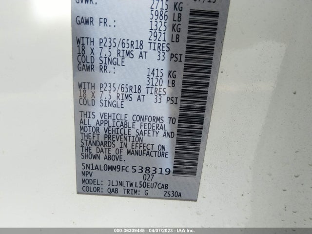5N1AL0MM9FC538319 Infiniti QX60