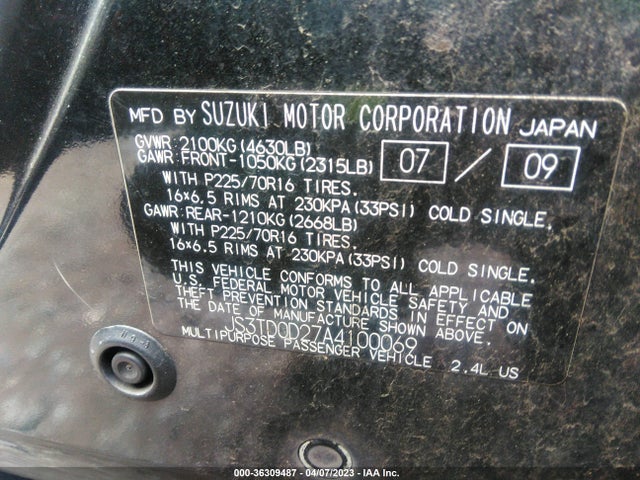 2010 SUZUKI GRAND VITARA PREMIUM VIN: JS3TD0D27A4100069