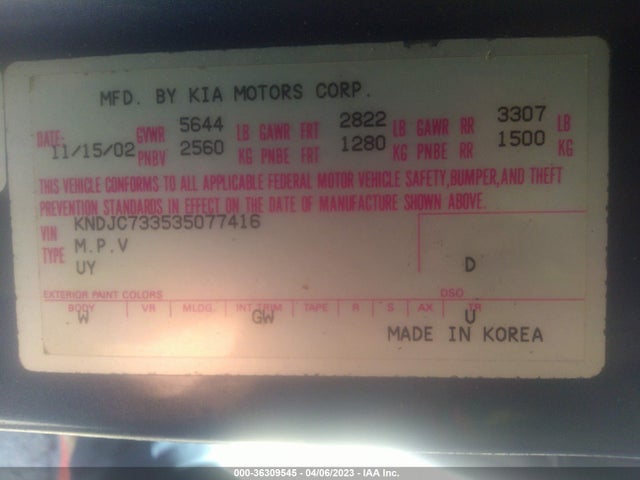 2003 KIA SORENTO EX VIN: KNDJC733535077416