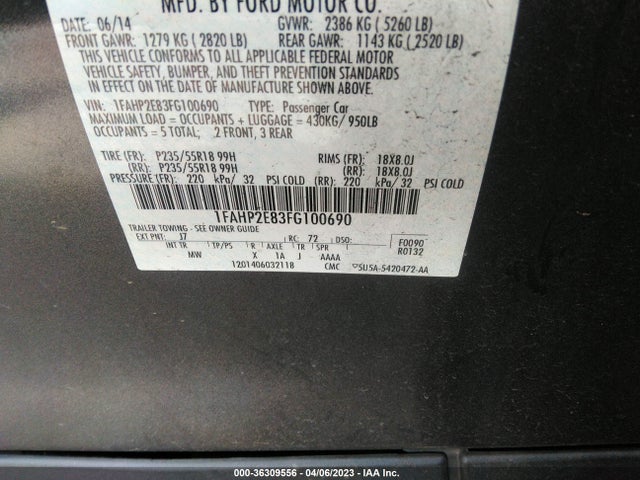 Ford TAURUS SEL 2015 1FAHP2E83FG100690 Image 10