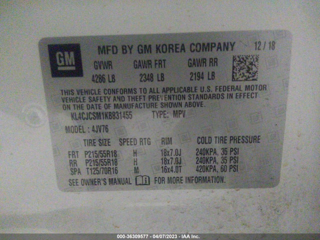 2019 BUICK ENCORE ESSENCE VIN: KL4CJCSM1KB831455