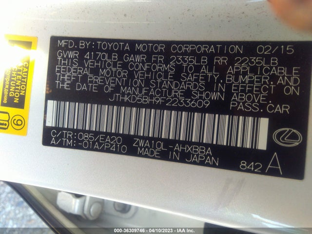 JTHKD5BH9F2233609 Lexus Ct 200h Hybrid