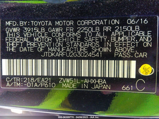 2016 Toyota Prius, VIN: JTDKARFU2G3024541
