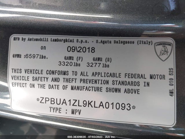 2019 Lamborghini URUS, VIN: ZPBUA1ZL9KLA01093