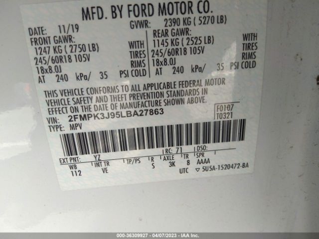 2FMPK3J95LBA27863 Ford Edge Sel/st Line