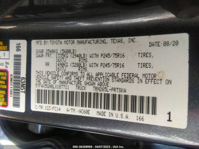 Toyota Tacoma 2wd Sr/sr5 2020 5TFAX5GN8LX187711 Image 9