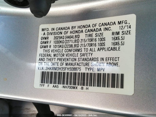 0 HONDA CR-V LX VIN: 2HKRM3H35FH508875