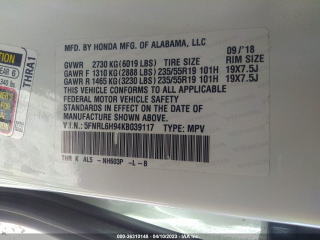Honda Odyssey Elite 2019 5FNRL6H94KB039117 Image 9