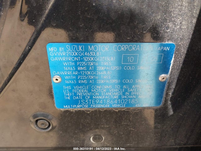 2006 SUZUKI GRAND VITARA VIN: JS3TE941864102185