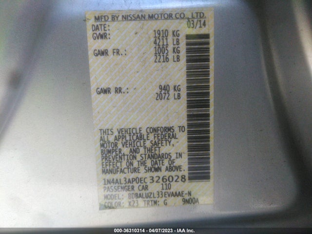 2014 NISSAN ALTIMA 2.5 SV VIN: 1N4AL3AP0EC326028