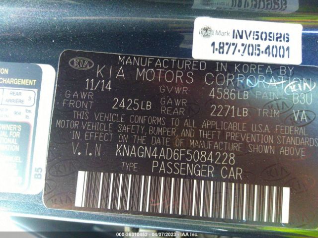 KNAGN4AD6F5084228 KIA Optima Hybrid Ex