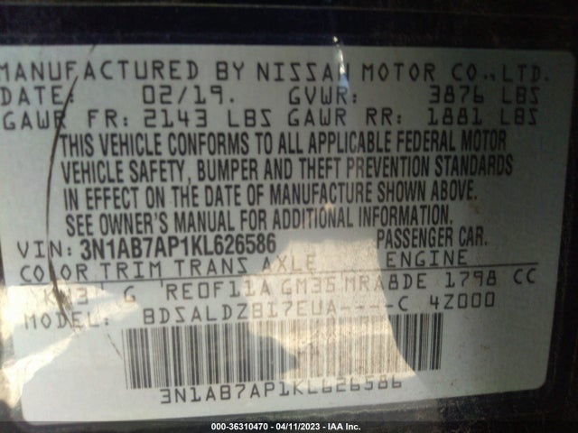 Nissan SENTRA SV 2019 3N1AB7AP1KL626586 Image 10