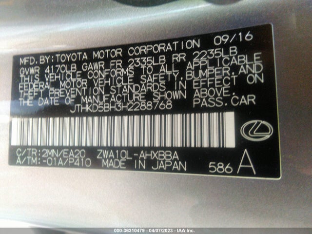 JTHKD5BH3H2288768 Lexus Ct Ct 200h