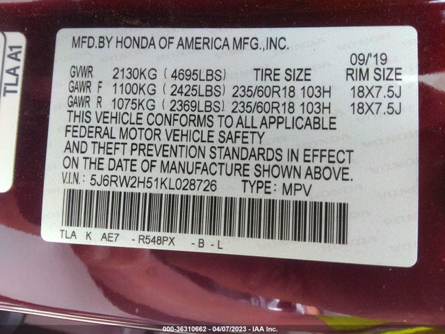 Honda CR-V EX 2019 5J6RW2H51KL028726 Image 9