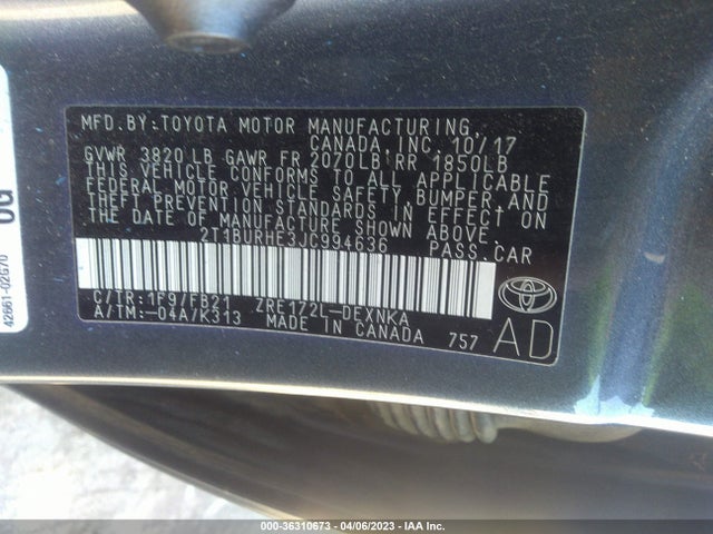2018 TOYOTA COROLLA L/LE/XLE/SE/XSE VIN: 2T1BURHE3JC994636