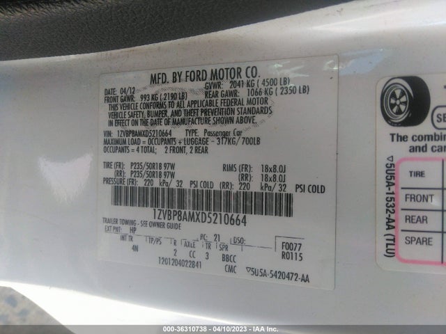 2013 FORD MUSTANG V6 VIN: 1ZVBP8AMXD5210664