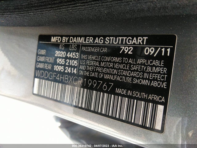 2012 MERCEDES-BENZ C-CLASS C 250 VIN: WDDGF4HBXCR199767