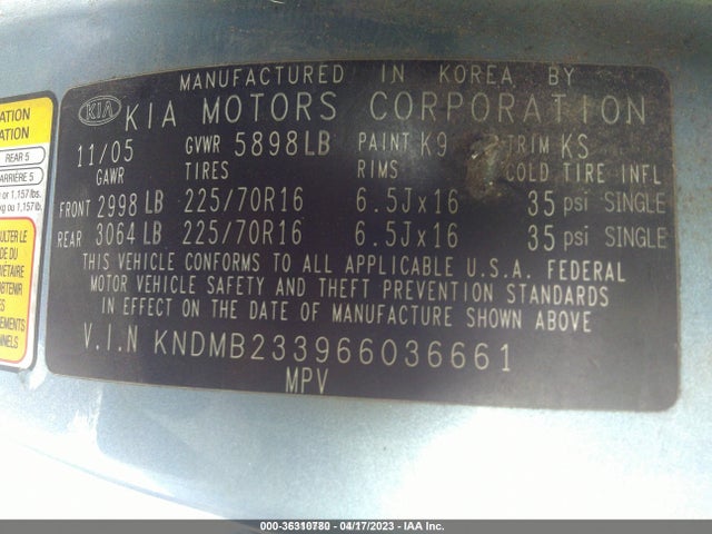2006 KIA SEDONA LX/EX VIN: KNDMB233966036661