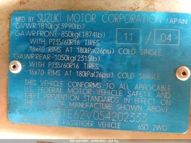 2005 SUZUKI GRAND VITARA LX/EX VIN: JS3TE62V054202333