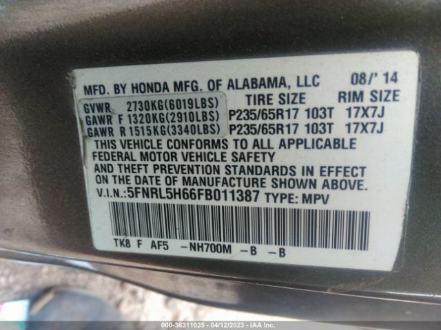 5FNRL5H66FB011387 Honda Odyssey Ex-l