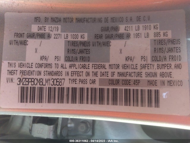 2020 Mazda 3, VIN: 3MZBPBCM8LM130587