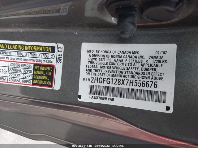 2007 HONDA CIVIC CPE EX VIN: 2HGFG128X7H556676
