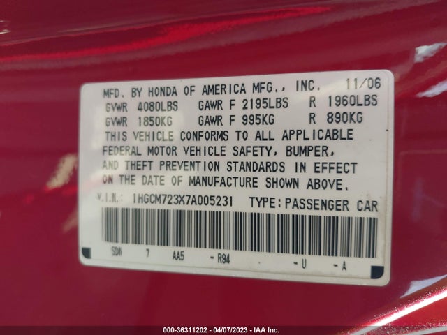 2007 HONDA ACCORD CPE LX VIN: 1HGCM723X7A005231