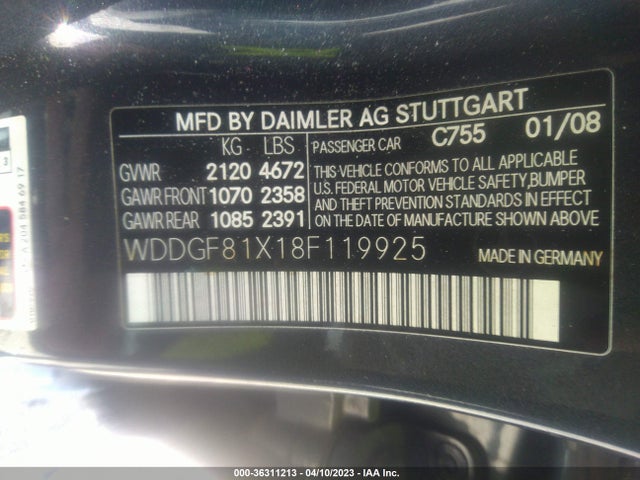 2008 MERCEDES-BENZ C-CLASS 3.0L VIN: WDDGF81X18F119925