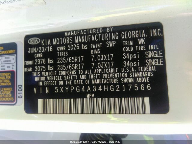 5XYPG4A34HG217566 KIA SORENTO LX