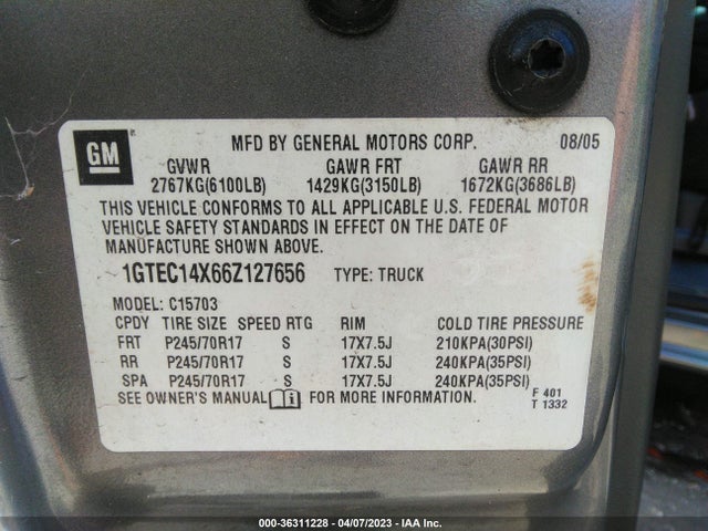 2006 GMC SIERRA 1500 SL VIN: 1GTEC14X66Z127656