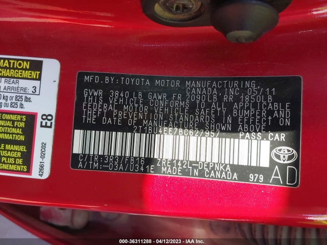 2011 TOYOTA COROLLA L/LE/S VIN: 2T1BU4EE7BC627957
