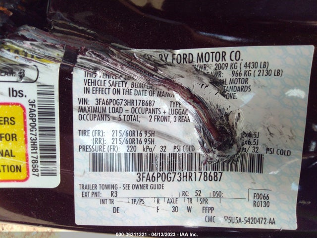 3FA6P0G73HR178687 Ford FUSION S