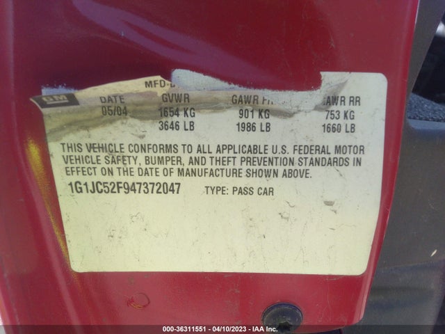 2004 CHEVROLET CAVALIER BASE VIN: 1G1JC52F947372047