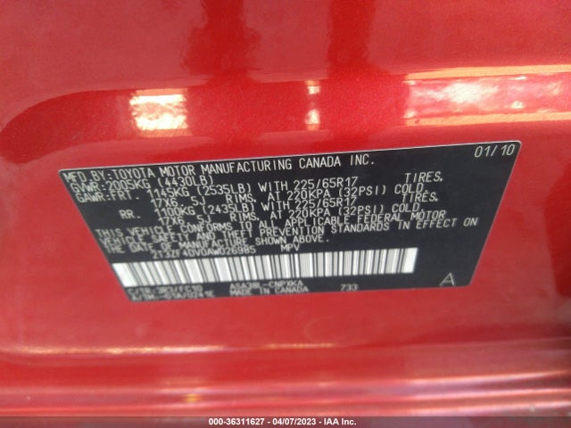 2010 TOYOTA RAV4 VIN: 2T3ZF4DV0AW026985