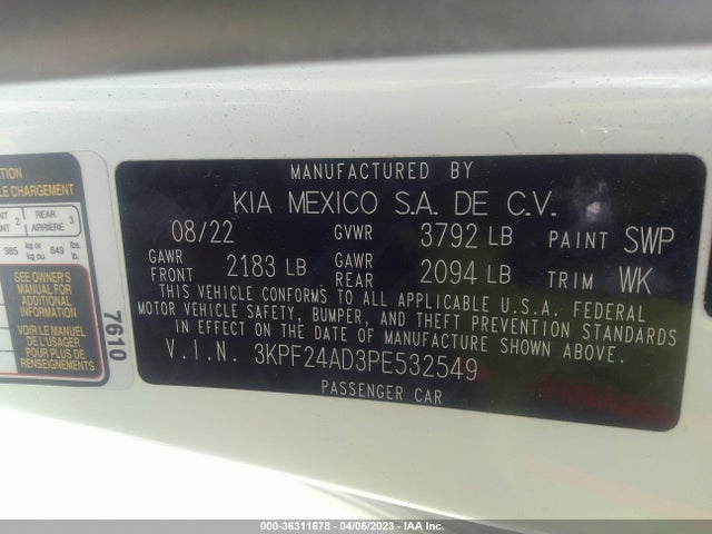2023 KIA FORTE LXS VIN: 3KPF24AD3PE532549